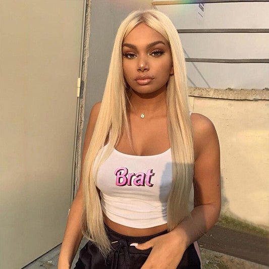 Sexy Women's White Letter Printed Spaghetti Strap Slim Crop Top Camisoles