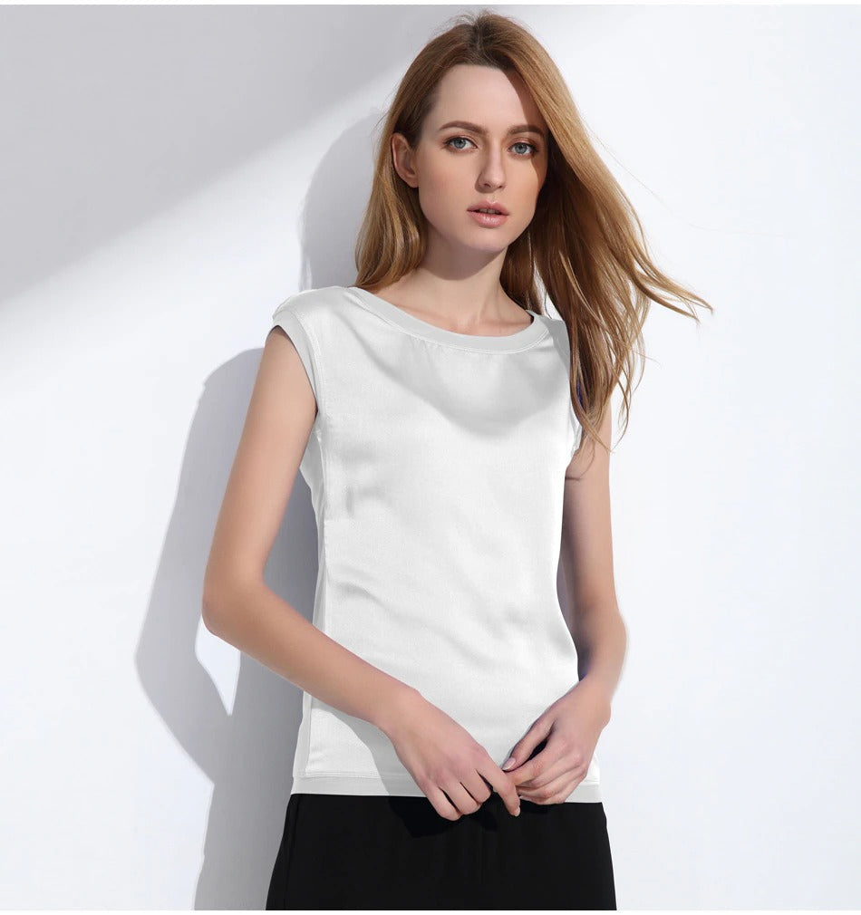 Slim Sleeveless Casual Chiffon Silk Women O Neck Blouses for Summer