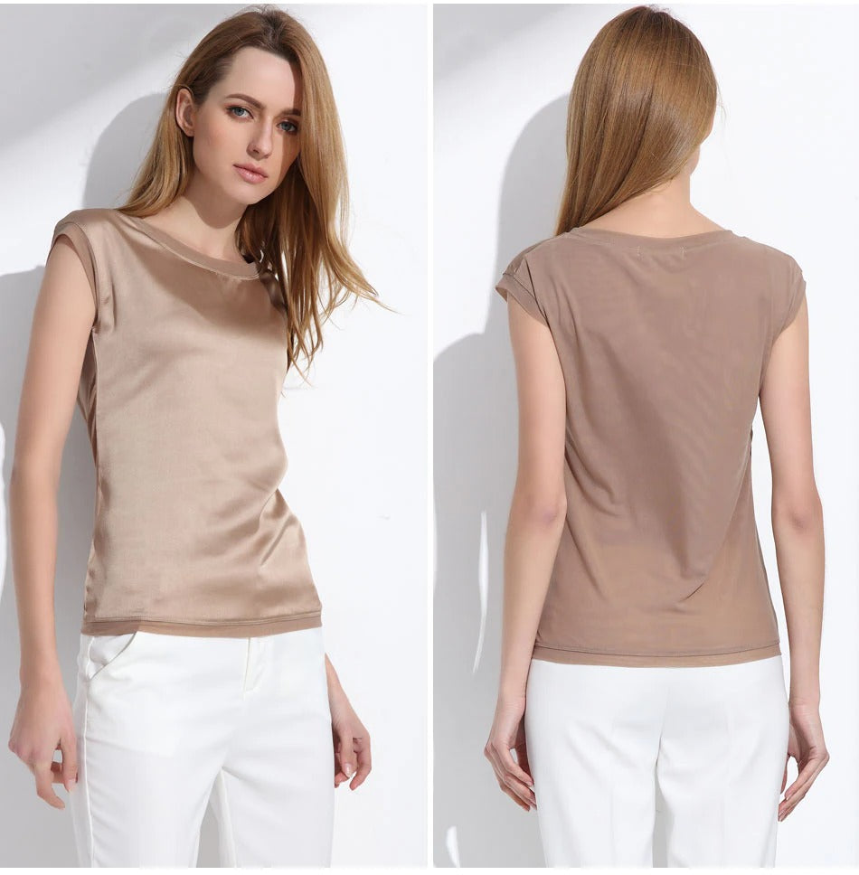 Slim Sleeveless Casual Chiffon Silk Women O Neck Blouses for Summer