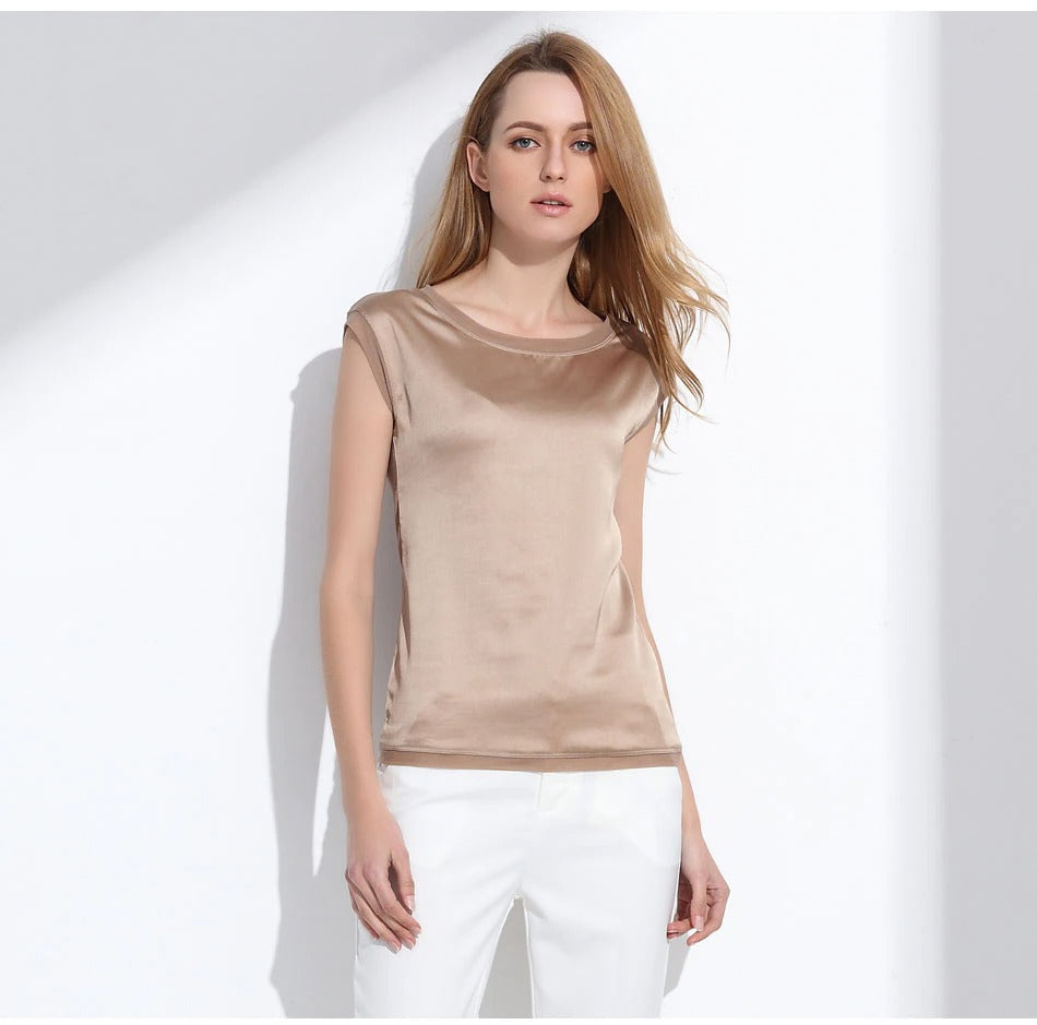 Slim Sleeveless Casual Chiffon Silk Women O Neck Blouses for Summer