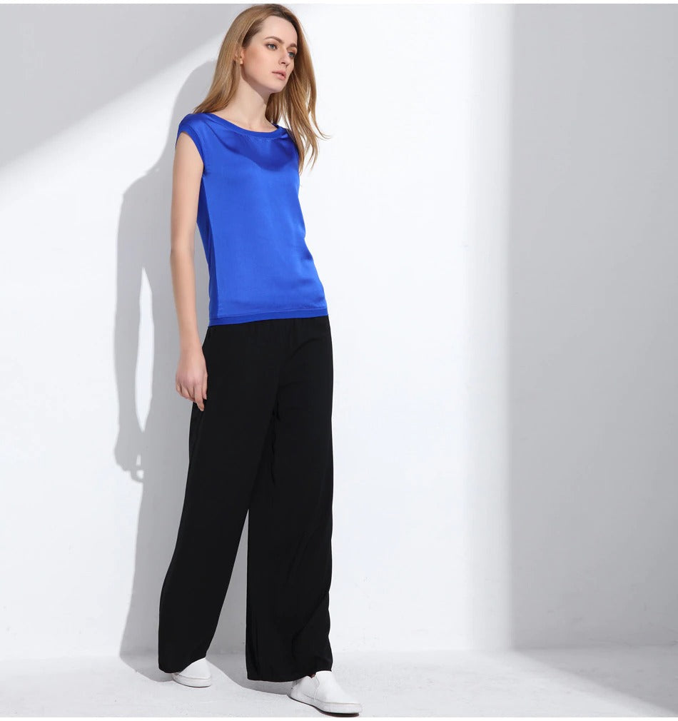 Slim Sleeveless Casual Chiffon Silk Women O Neck Blouses for Summer