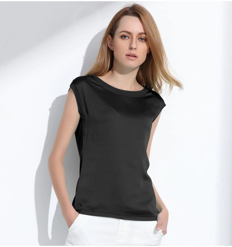 Slim Sleeveless Casual Chiffon Silk Women O Neck Blouses for Summer