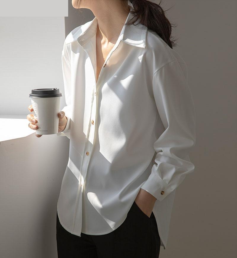 Spring Fashion Women's Turn-Down Collar Oversized Work Wear Blouse Tops