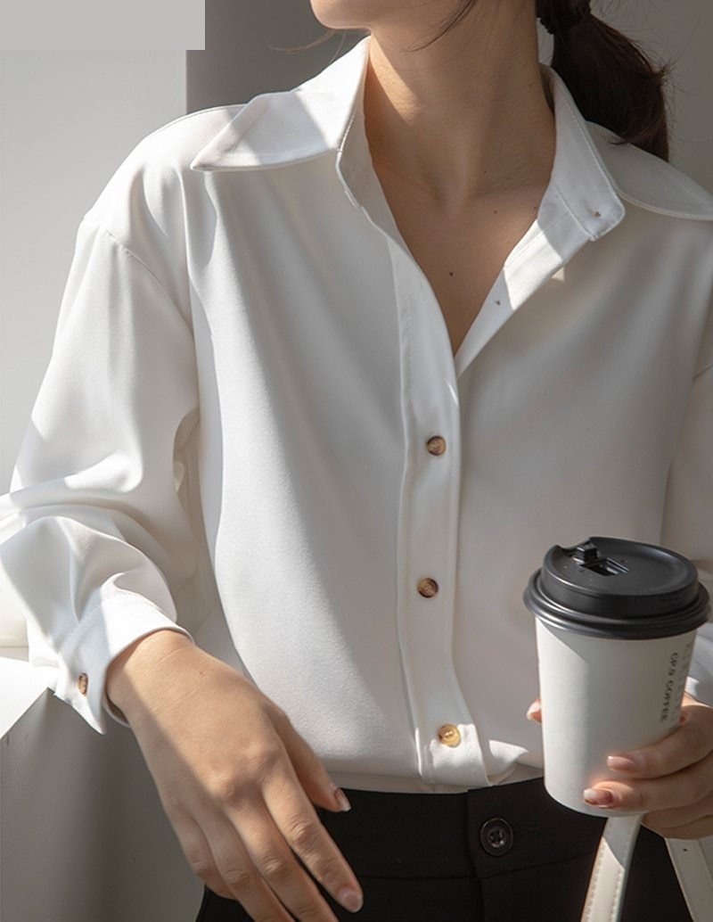 Spring Fashion Women's Turn-Down Collar Oversized Work Wear Blouse Tops