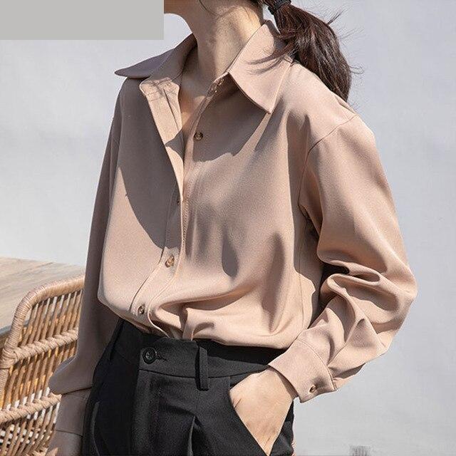Spring Fashion Women's Turn-Down Collar Oversized Work Wear Blouse Tops