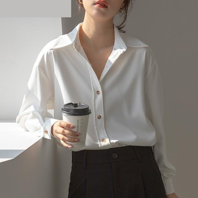 Spring Fashion Women's Turn-Down Collar Oversized Work Wear Blouse Tops