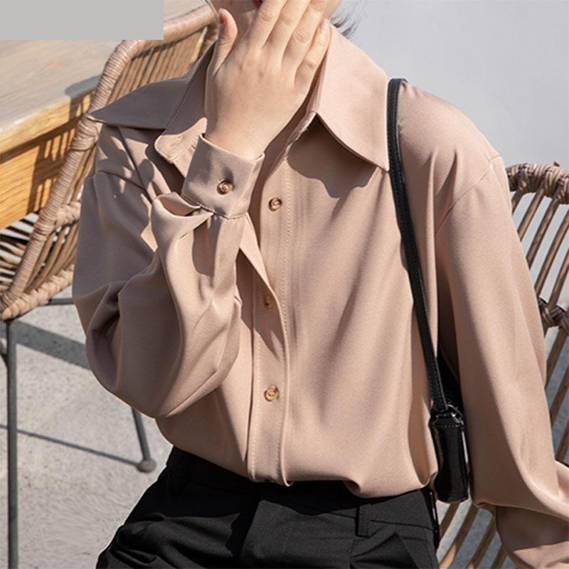 Spring Fashion Women's Turn-Down Collar Oversized Work Wear Blouse Tops