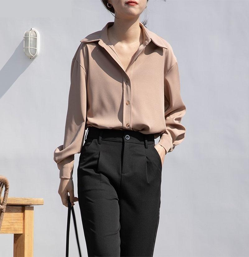 Spring Fashion Women's Turn-Down Collar Oversized Work Wear Blouse Tops