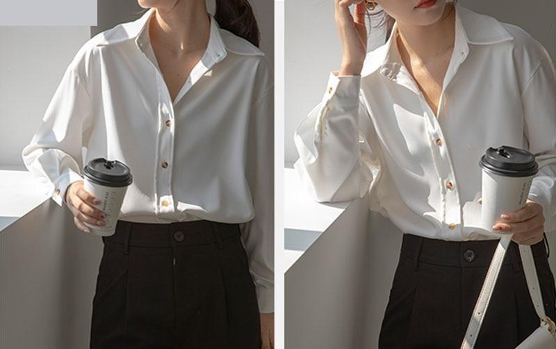 Spring Fashion Women's Turn-Down Collar Oversized Work Wear Blouse Tops
