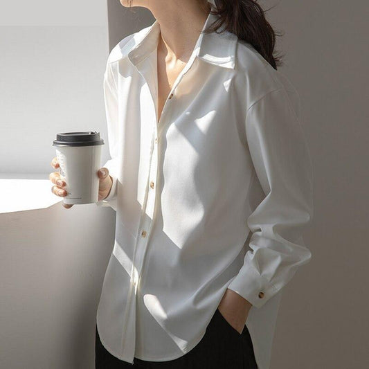Spring Fashion Women's Turn-Down Collar Oversized Work Wear Blouse Tops
