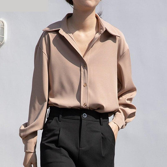 Spring Fashion Women's Turn-Down Collar Oversized Work Wear Blouse Tops