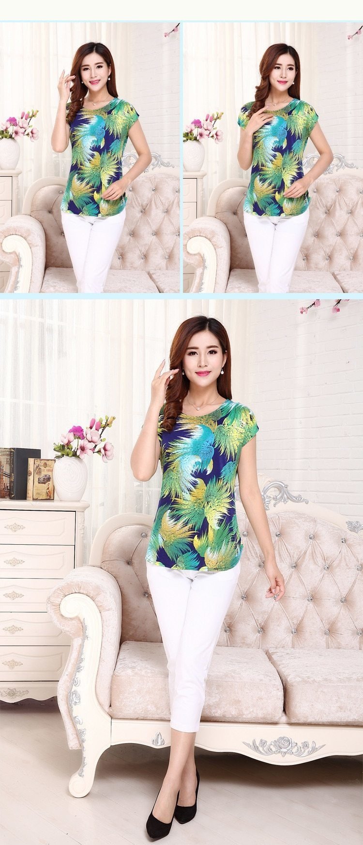 Summer Boat Anchor Printed Silk Casual Top T-Shirt for Women