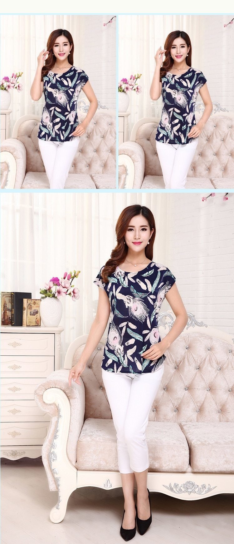 Summer Boat Anchor Printed Silk Casual Top T-Shirt for Women