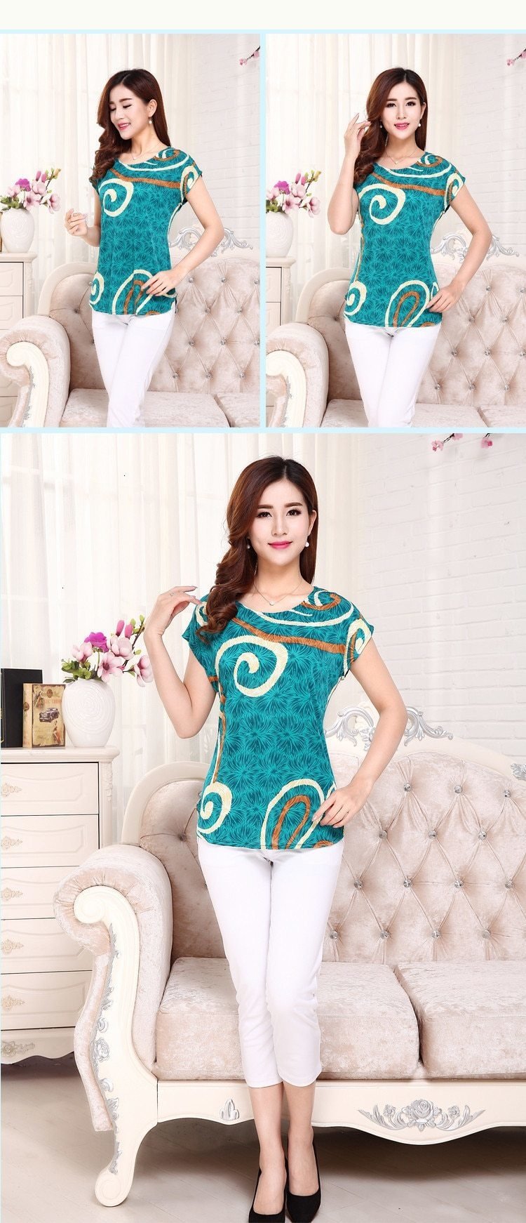 Summer Boat Anchor Printed Silk Casual Top T-Shirt for Women