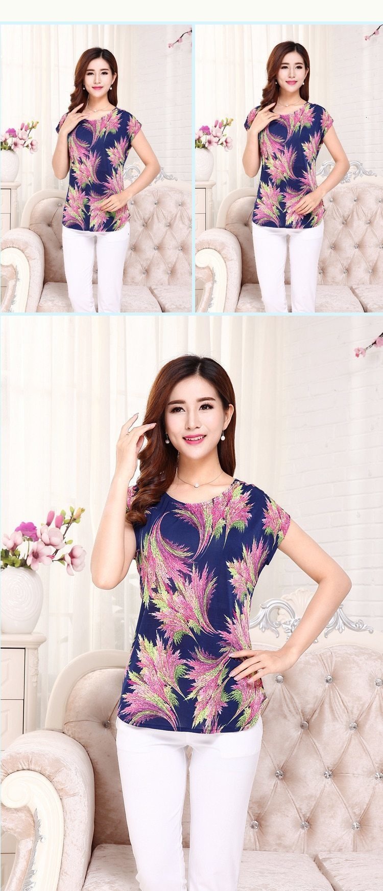 Summer Boat Anchor Printed Silk Casual Top T-Shirt for Women