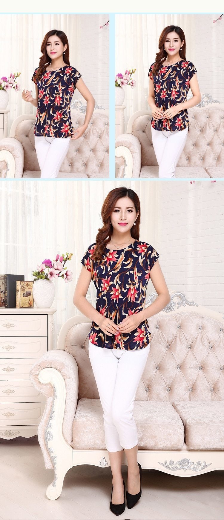 Summer Boat Anchor Printed Silk Casual Top T-Shirt for Women