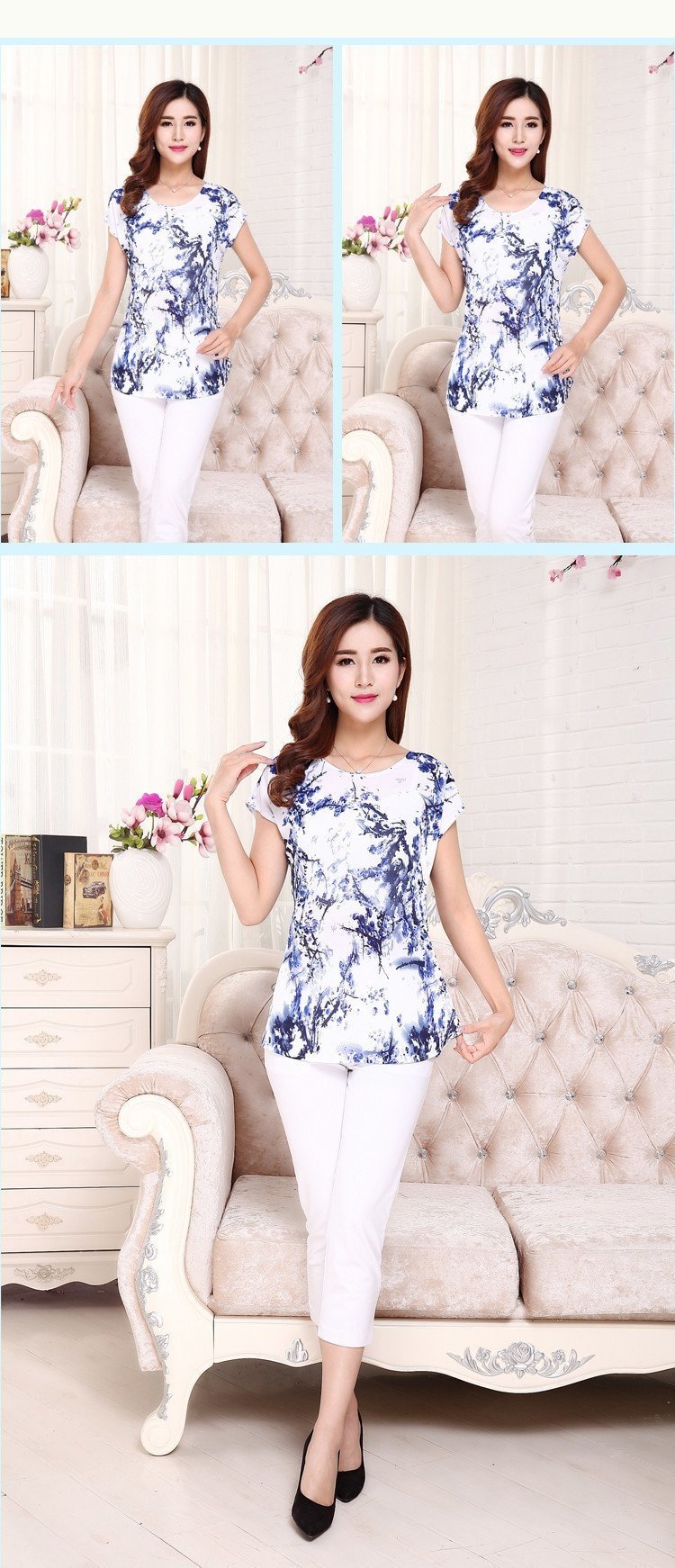 Summer Boat Anchor Printed Silk Casual Top T-Shirt for Women