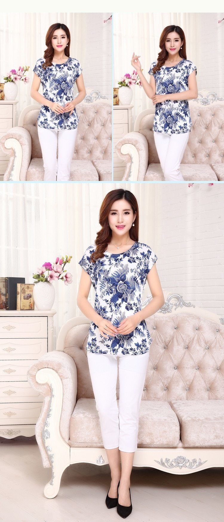 Summer Boat Anchor Printed Silk Casual Top T-Shirt for Women