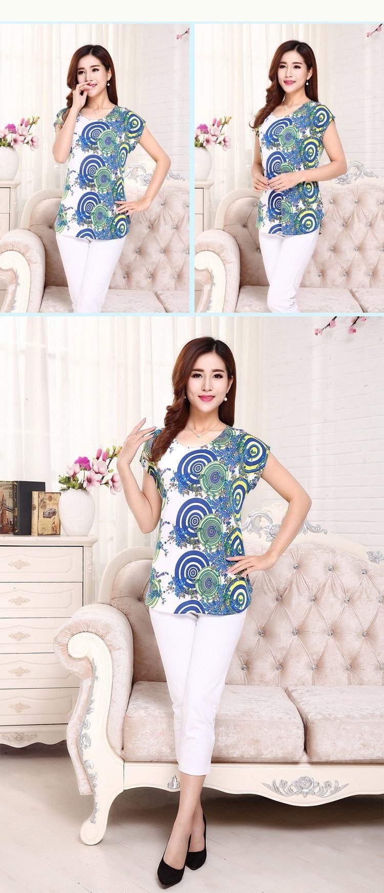 Summer Boat Anchor Printed Silk Casual Top T-Shirt for Women