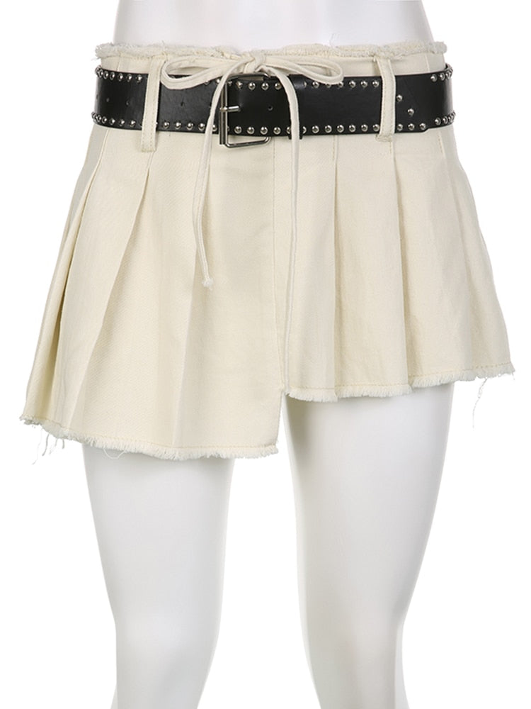 Women's Sexy Casual Solid A Line Low Waisted Mini Pleated Skirt with Sashes