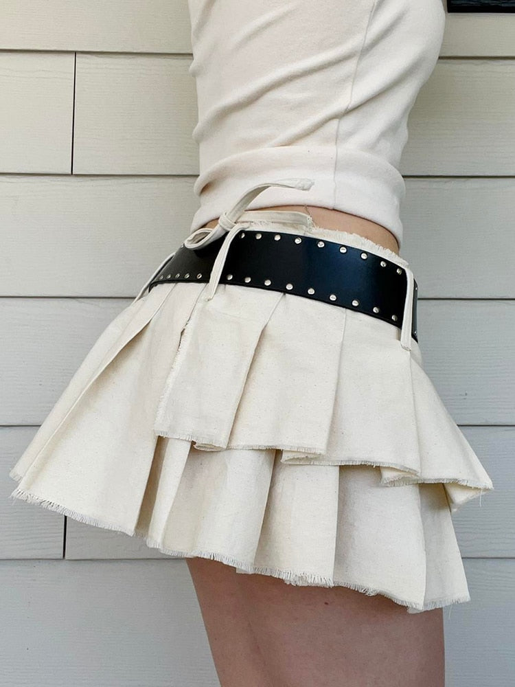 Women's Sexy Casual Solid A Line Low Waisted Mini Pleated Skirt with Sashes