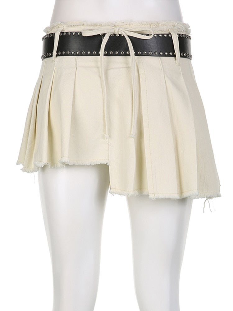 Women's Sexy Casual Solid A Line Low Waisted Mini Pleated Skirt with Sashes