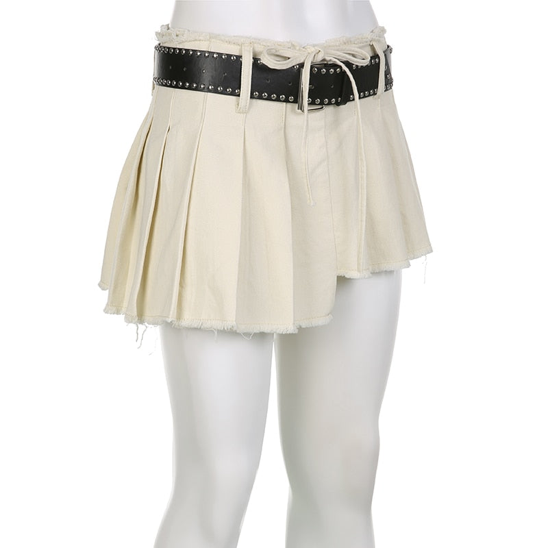 Women's Sexy Casual Solid A Line Low Waisted Mini Pleated Skirt with Sashes