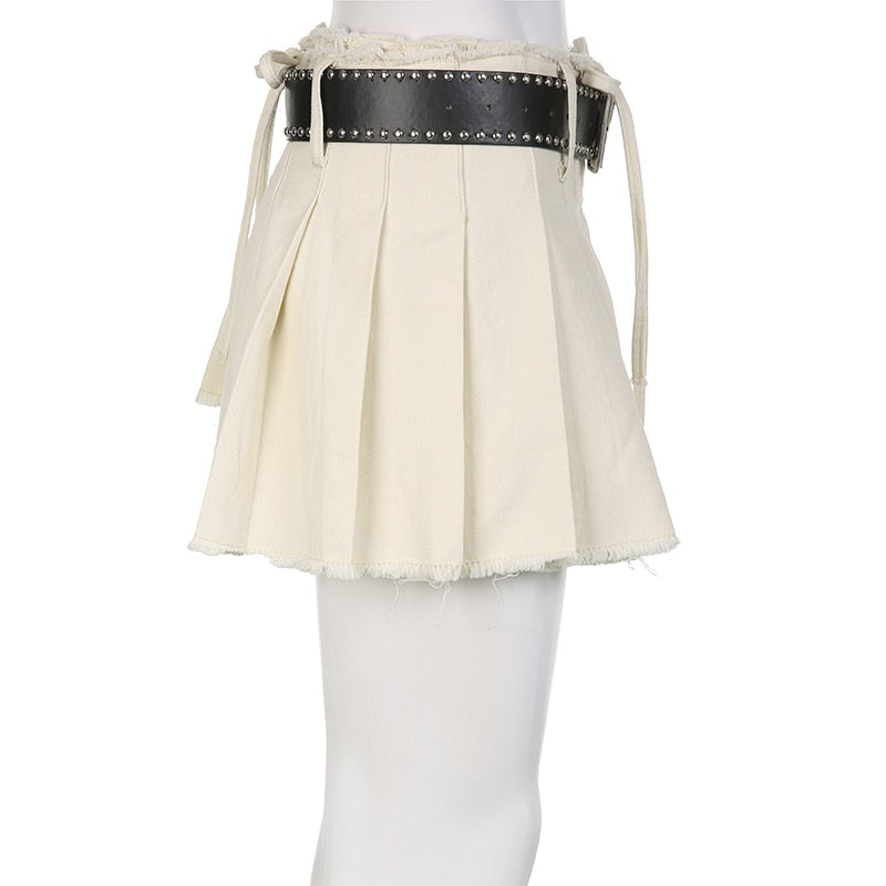 Women's Sexy Casual Solid A Line Low Waisted Mini Pleated Skirt with Sashes