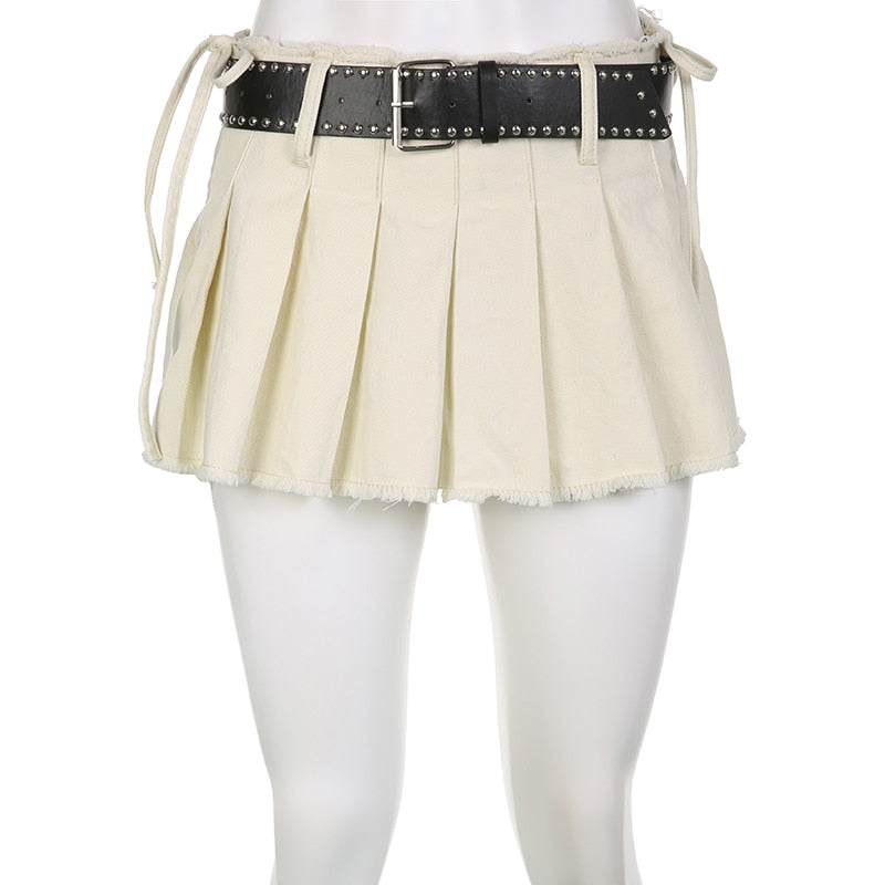 Women's Sexy Casual Solid A Line Low Waisted Mini Pleated Skirt with Sashes