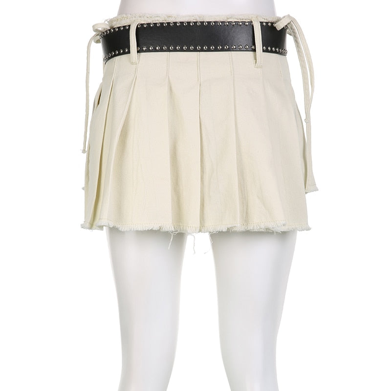 Women's Sexy Casual Solid A Line Low Waisted Mini Pleated Skirt with Sashes