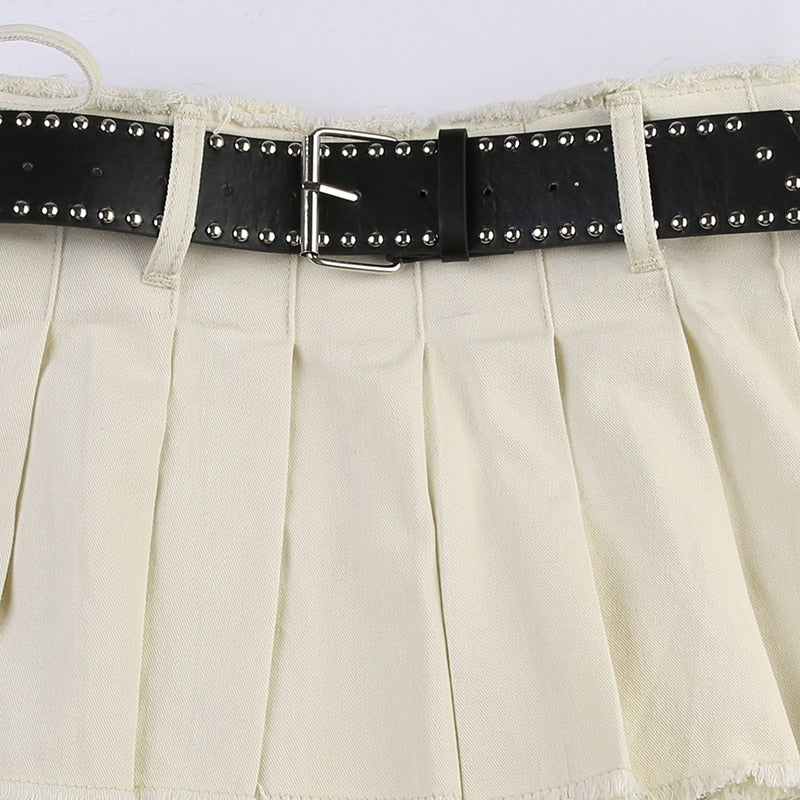 Women's Sexy Casual Solid A Line Low Waisted Mini Pleated Skirt with Sashes