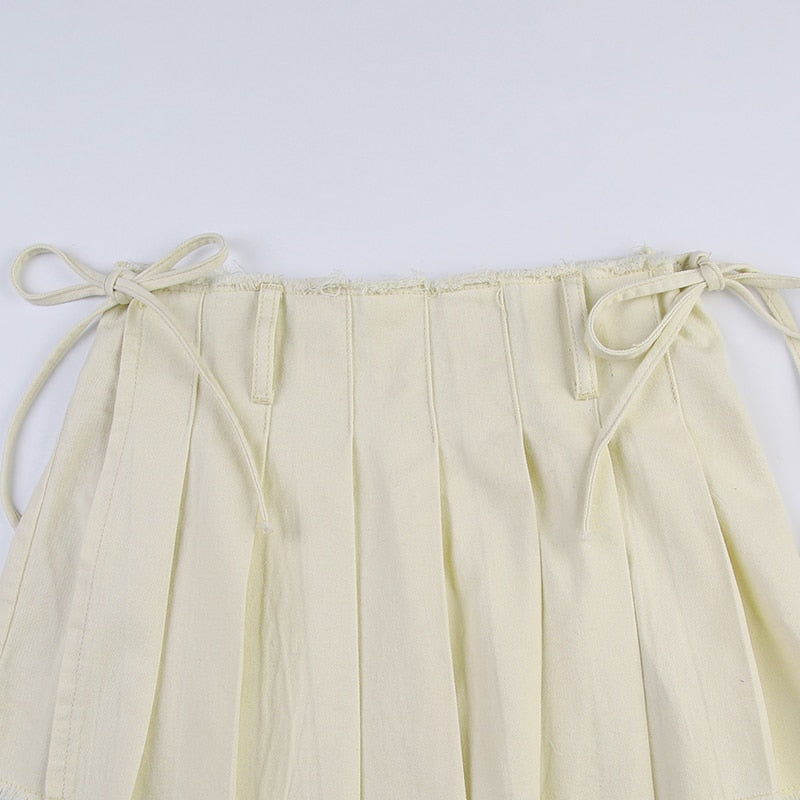 Women's Sexy Casual Solid A Line Low Waisted Mini Pleated Skirt with Sashes