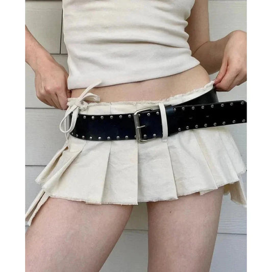 Women's Sexy Casual Solid A Line Low Waisted Mini Pleated Skirt with Sashes