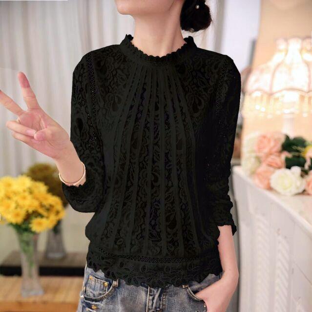 Summer Ladies White Long Sleeve Chiffon Lace Crochet Top Blouses