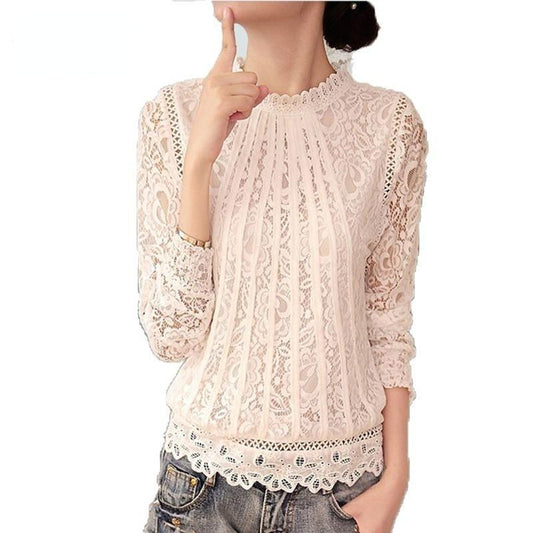 Summer Ladies White Long Sleeve Chiffon Lace Crochet Top Blouses