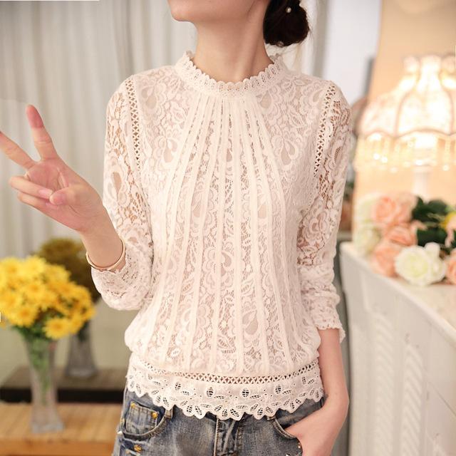 Summer Ladies White Long Sleeve Chiffon Lace Crochet Top Blouses