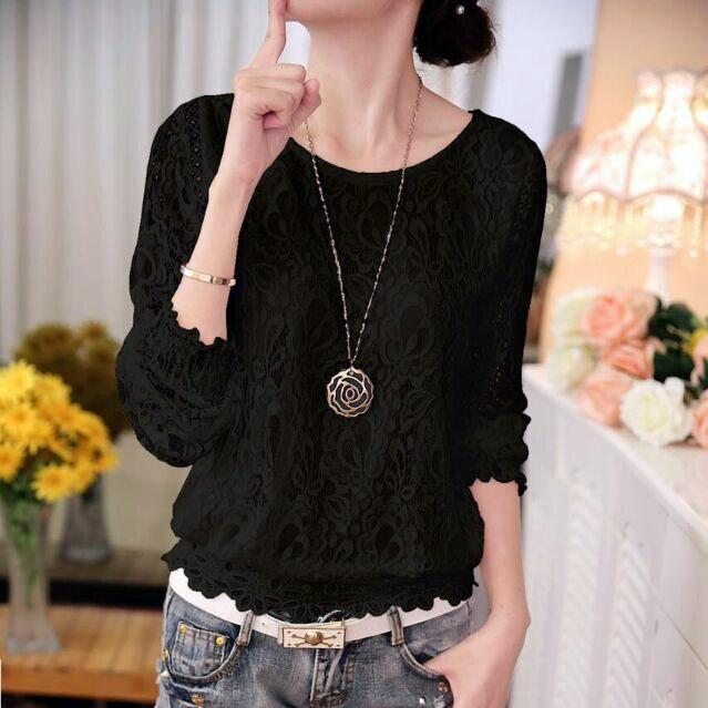 Summer Ladies White Long Sleeve Chiffon Lace Crochet Top Blouses