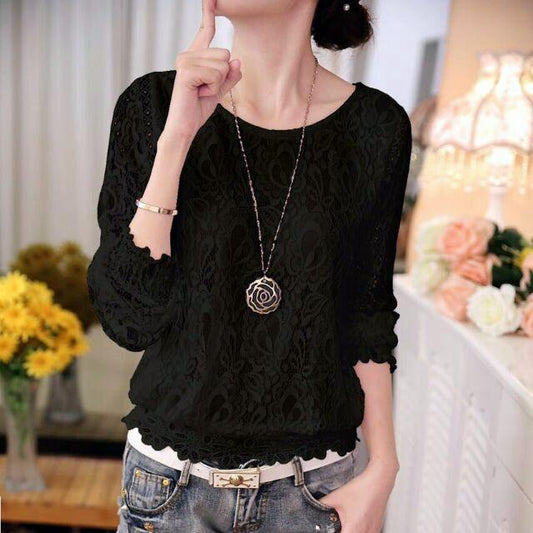 Summer Ladies White Long Sleeve Chiffon Lace Crochet Top Blouses