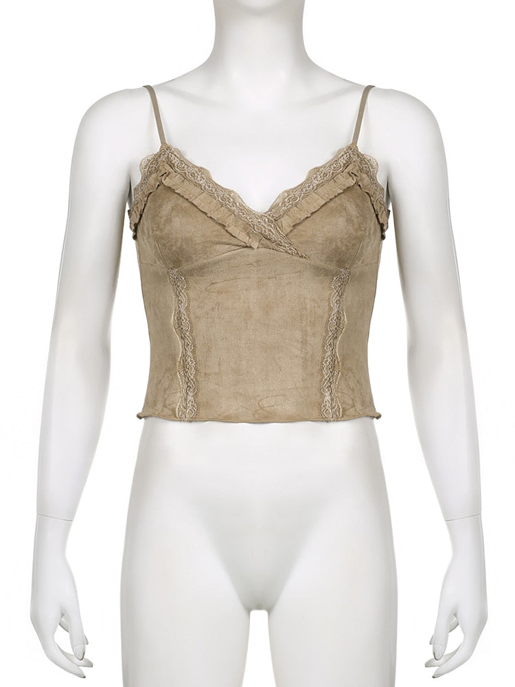 Vintage Solid Lace Trim Velvet V Neck Sleeveless Slim Camis Top for Women
