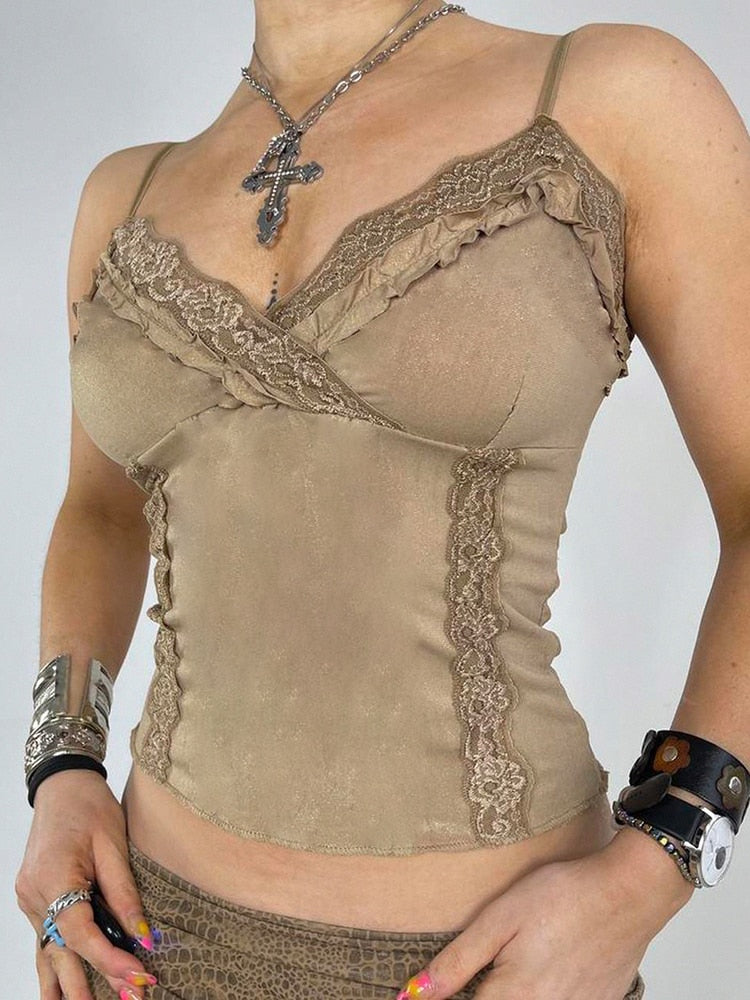Vintage Solid Lace Trim Velvet V Neck Sleeveless Slim Camis Top for Women