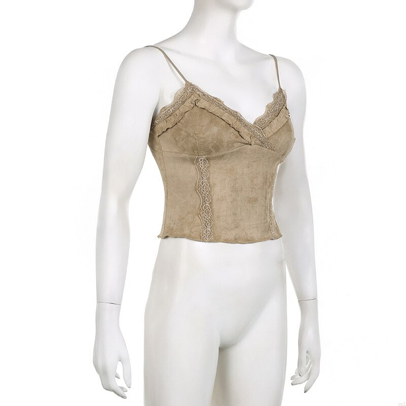 Vintage Solid Lace Trim Velvet V Neck Sleeveless Slim Camis Top for Women