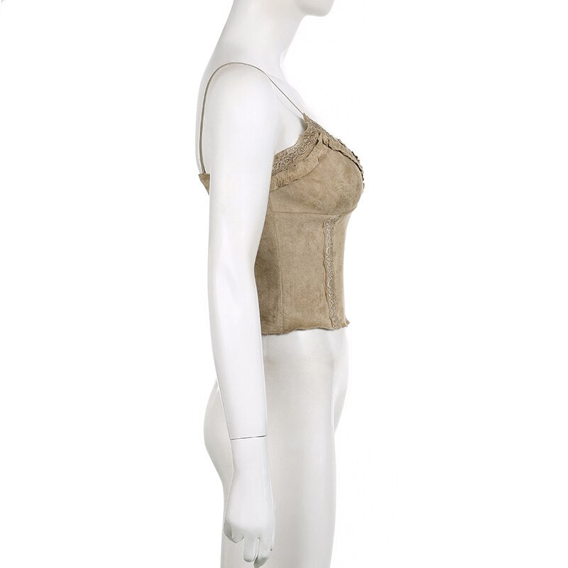 Vintage Solid Lace Trim Velvet V Neck Sleeveless Slim Camis Top for Women