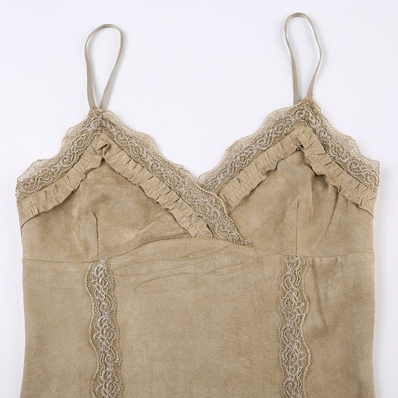Vintage Solid Lace Trim Velvet V Neck Sleeveless Slim Camis Top for Women