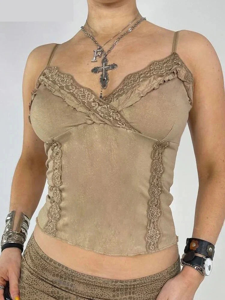 Vintage Solid Lace Trim Velvet V Neck Sleeveless Slim Camis Top for Women