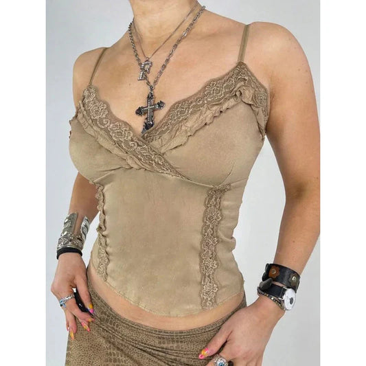 Vintage Solid Lace Trim Velvet V Neck Sleeveless Slim Camis Top for Women