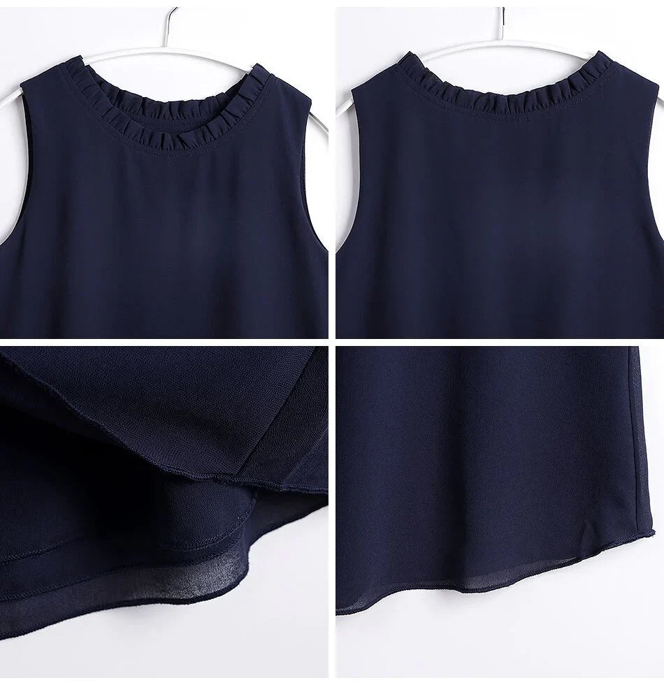 White Elegant Ruffle Sleeveless Women’s Casual Blouse Tops for Summer