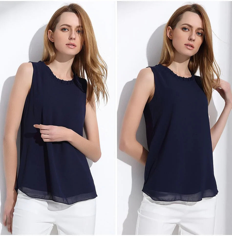 White Elegant Ruffle Sleeveless Women’s Casual Blouse Tops for Summer