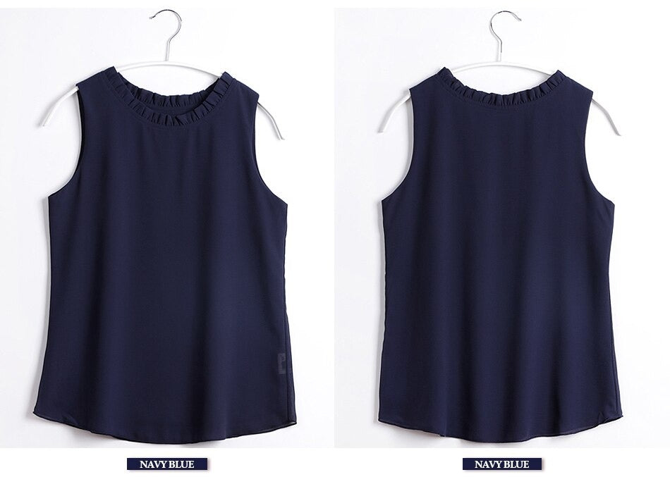 White Elegant Ruffle Sleeveless Women’s Casual Blouse Tops for Summer