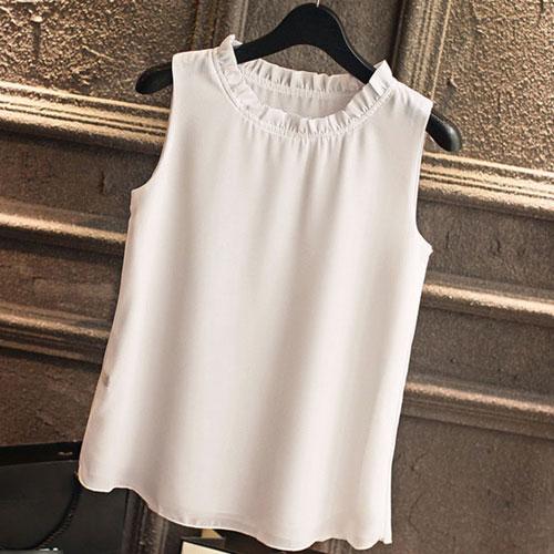 White Elegant Ruffle Sleeveless Women’s Casual Blouse Tops for Summer