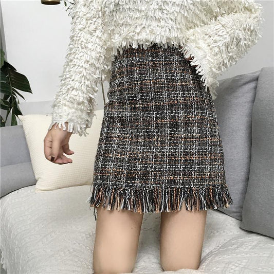Winter Autumn Woollen Plaid Straight Mini Skirt in Vintage Style for Women